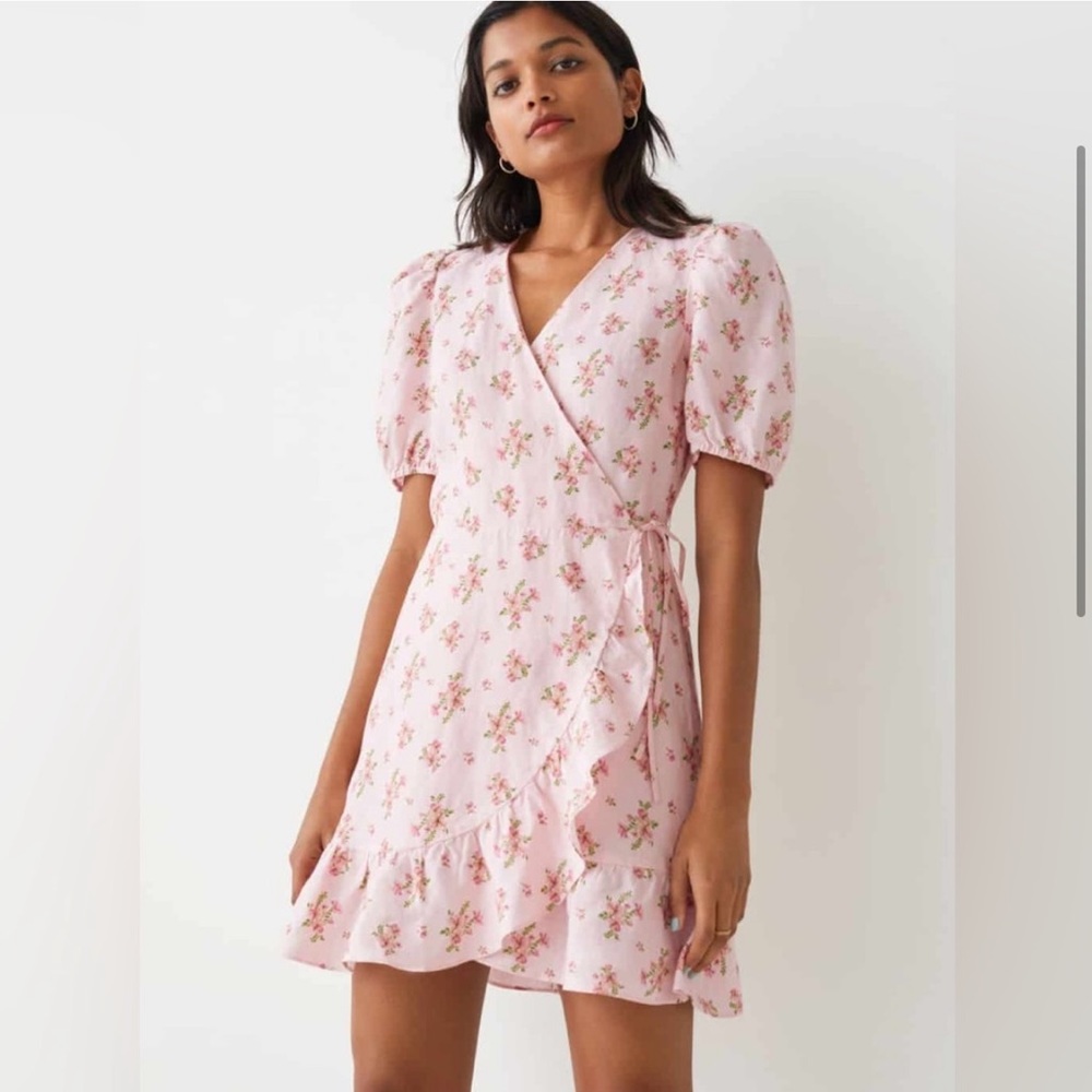 & Other Stories Womens Linen Floral Puff Sleeve Wrap Dress Pink Size 2